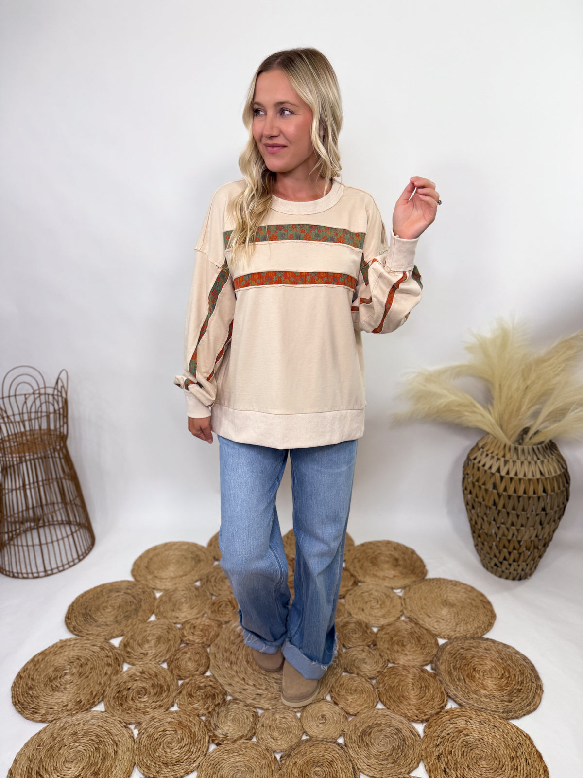 Easel boho fall floral stripes oversized pullover 