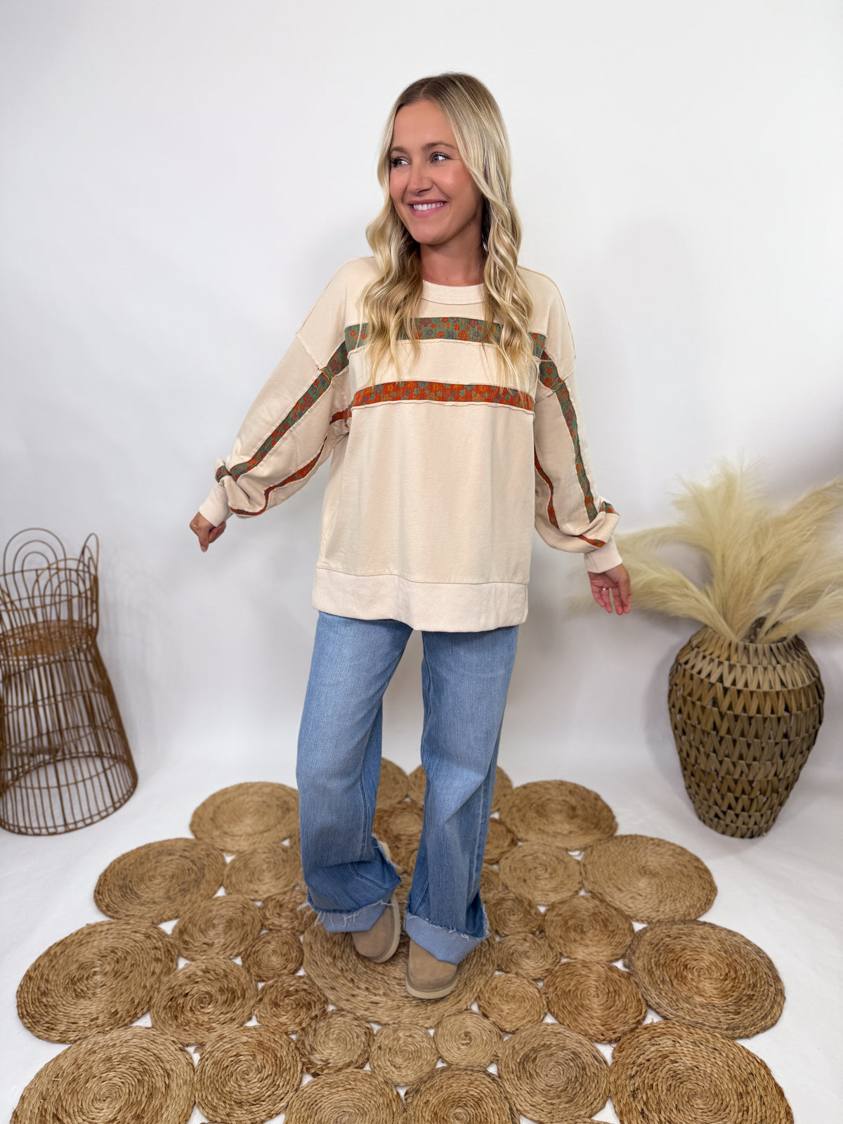 Easel boho fall floral stripes oversized pullover 