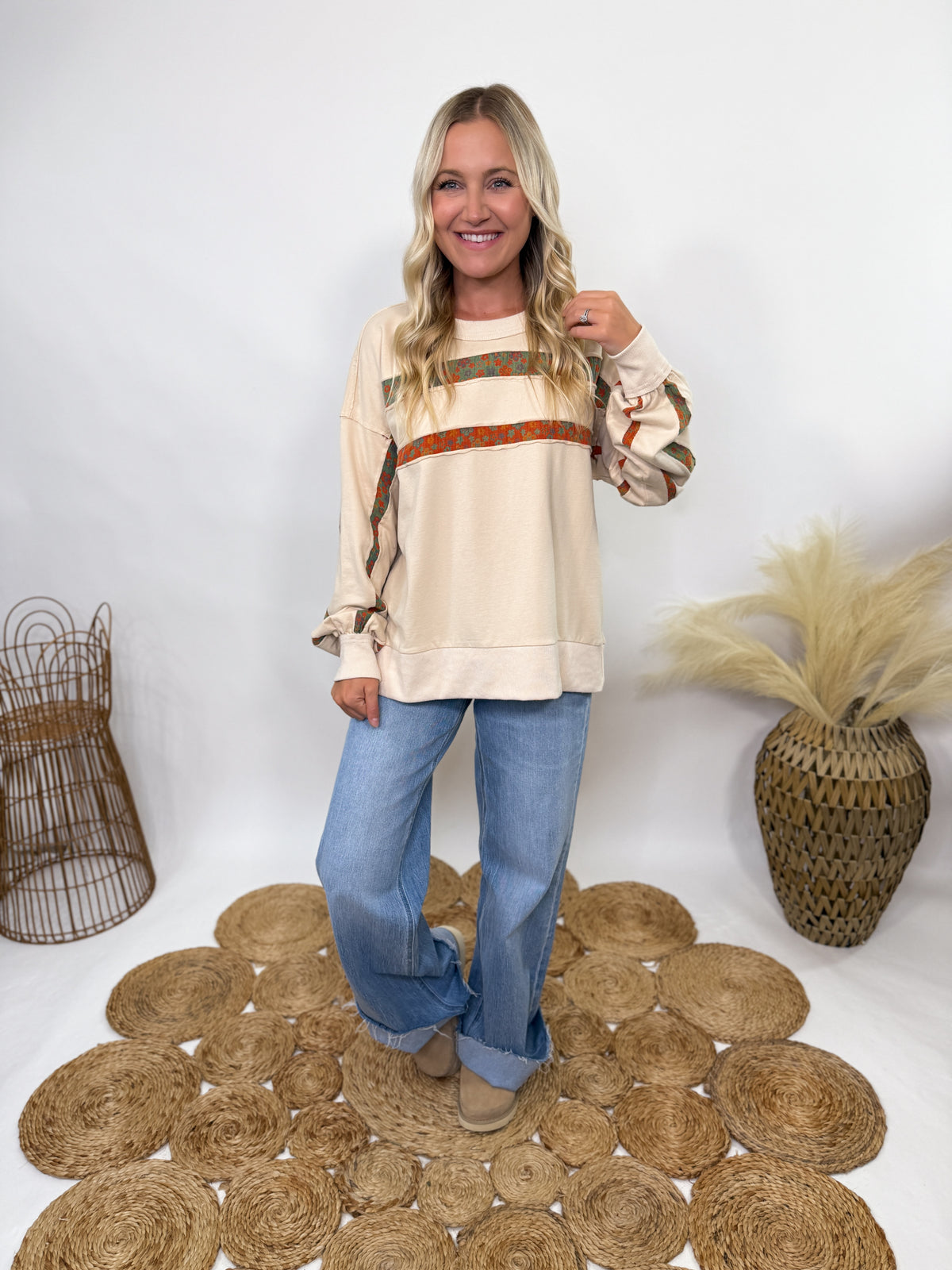 Easel boho fall floral stripes oversized pullover 