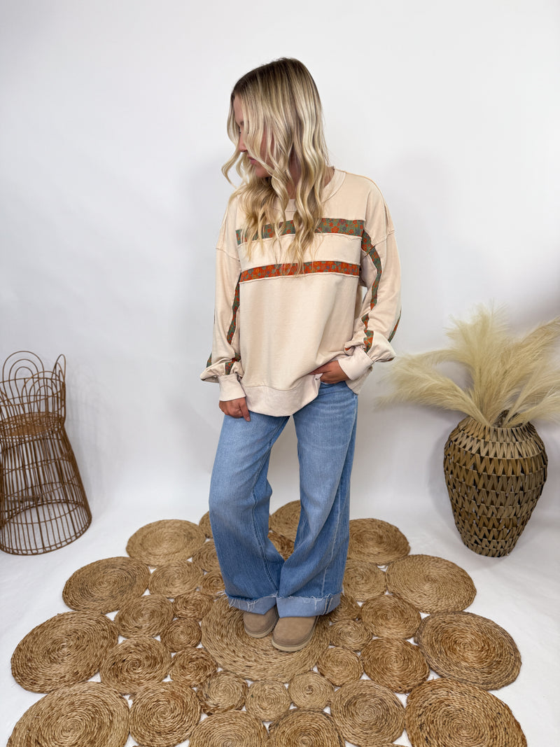 Easel boho fall floral stripes oversized pullover 