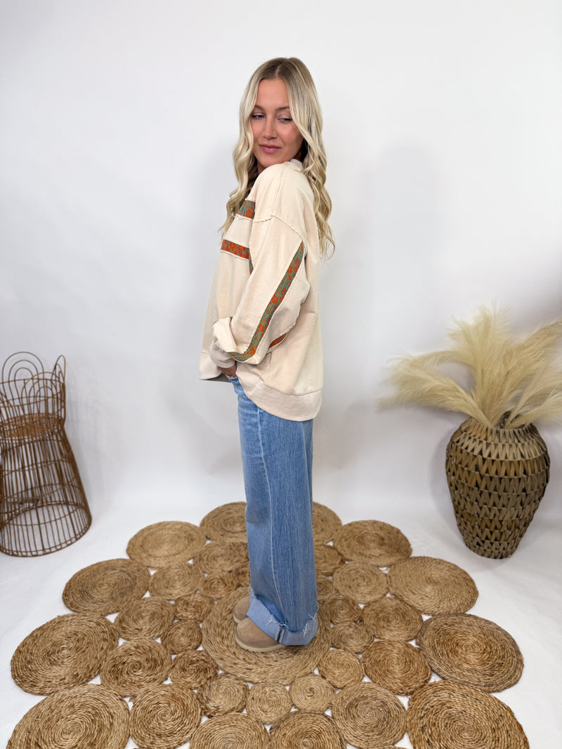 Easel boho fall floral stripes oversized pullover 