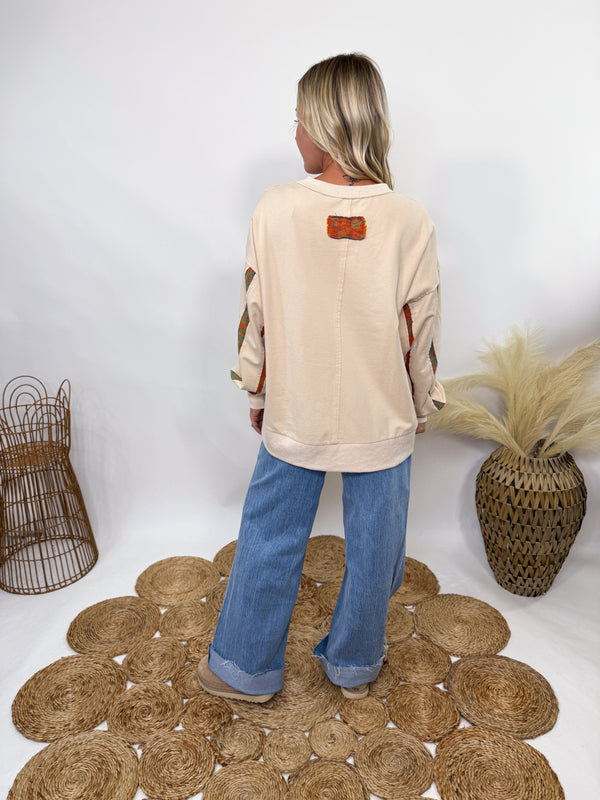 Easel boho fall floral stripes oversized pullover 