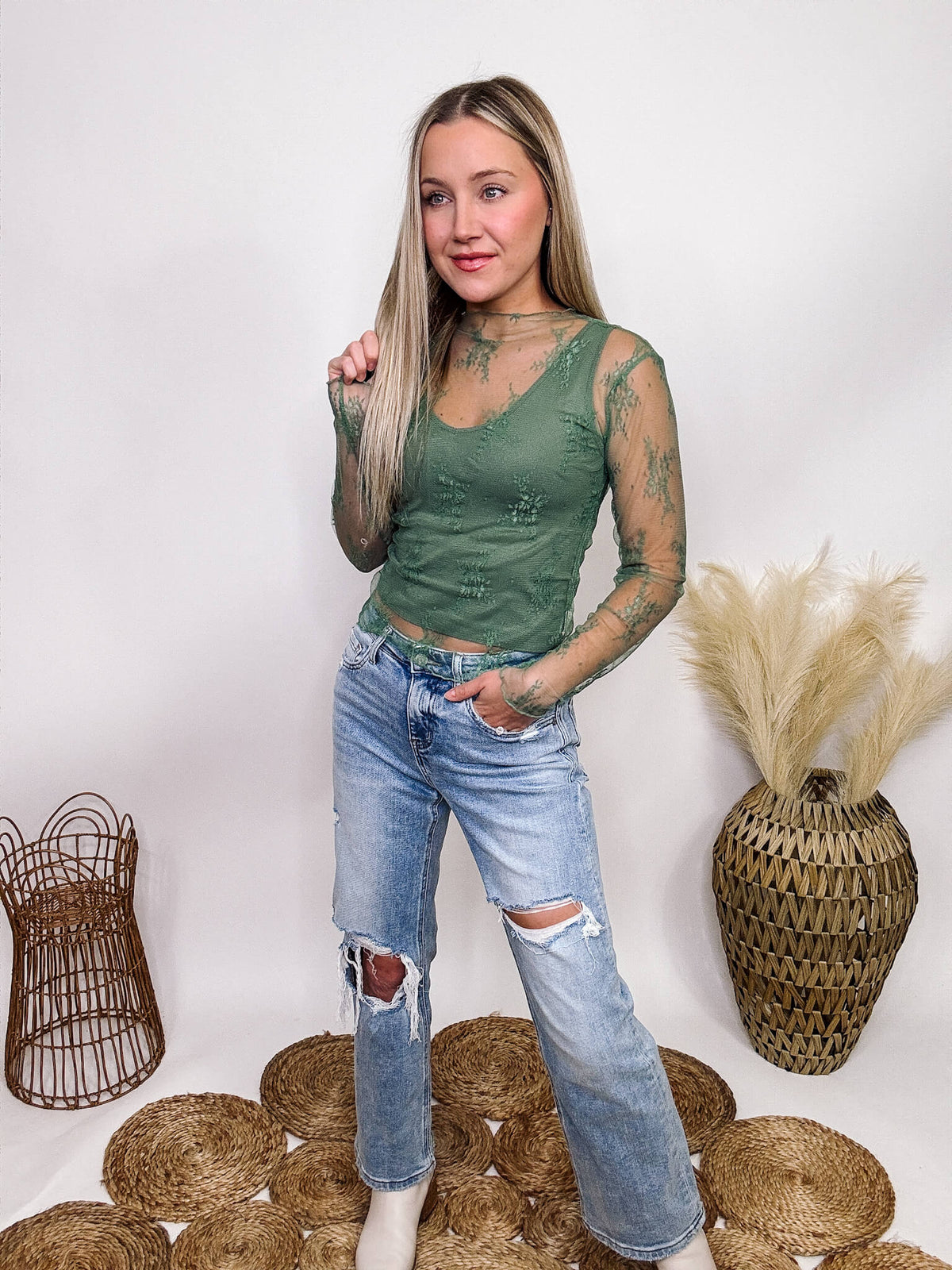 Easel Green Floral Lace Sheer Mesh Long Sleeve Top See Through Stretchy **Layering Tank Sold Separately 