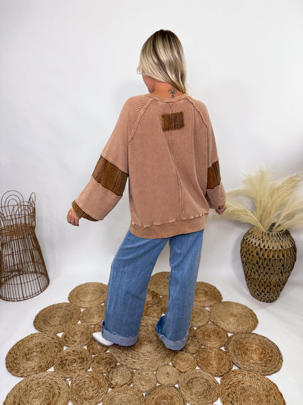 Boho Patchwork Mocha Washed Thermal Knit Long Sleeve Top