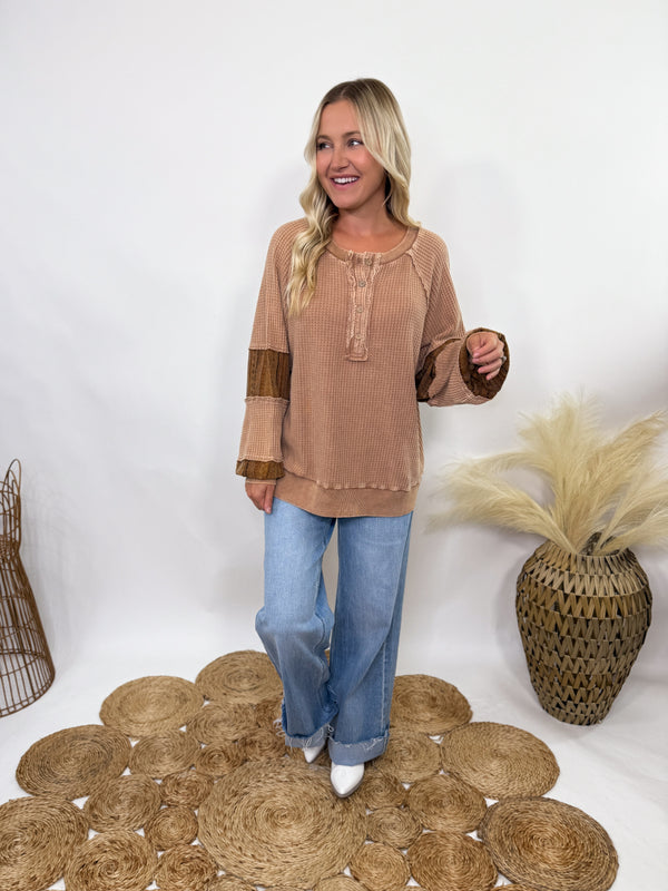 Boho Patchwork Mocha Washed Thermal Knit Long Sleeve Top