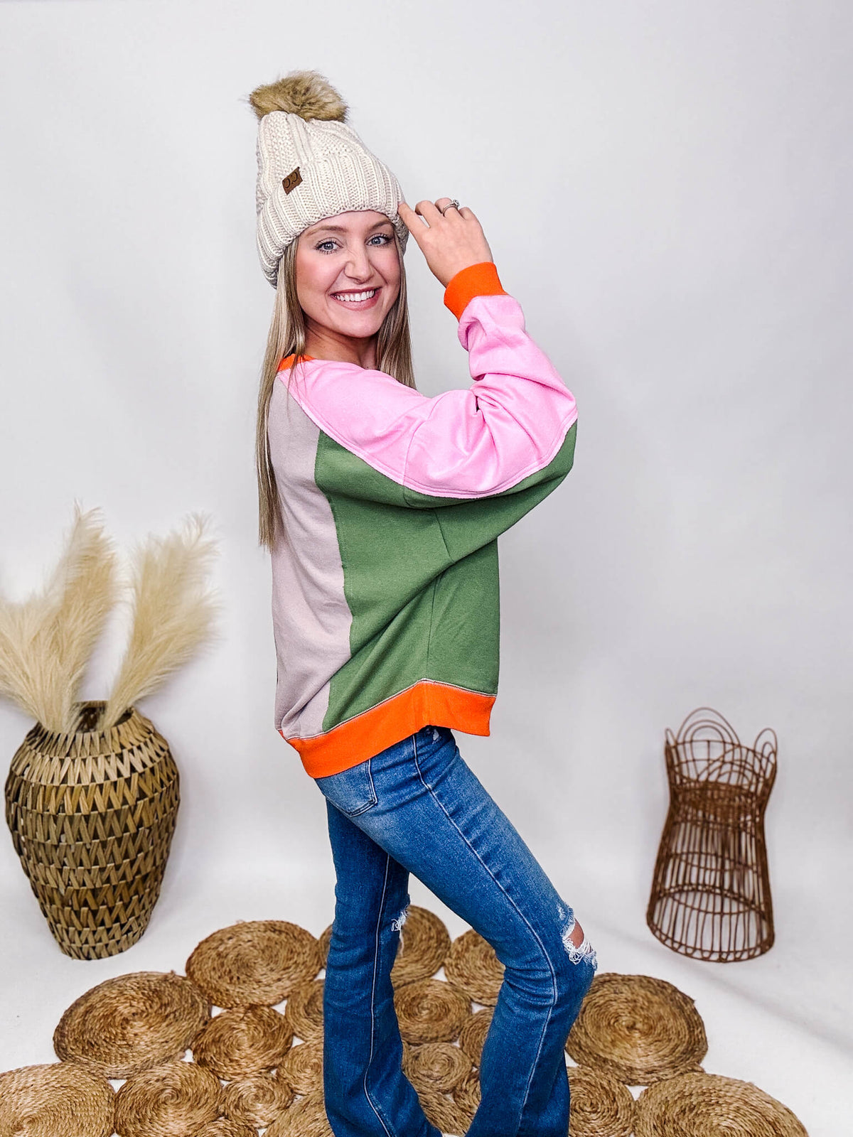 Easel Orange, Pink, Stone, Cream Colorblock Lightweight Long Sleeve Pullover Related Fit 100% Cotton
