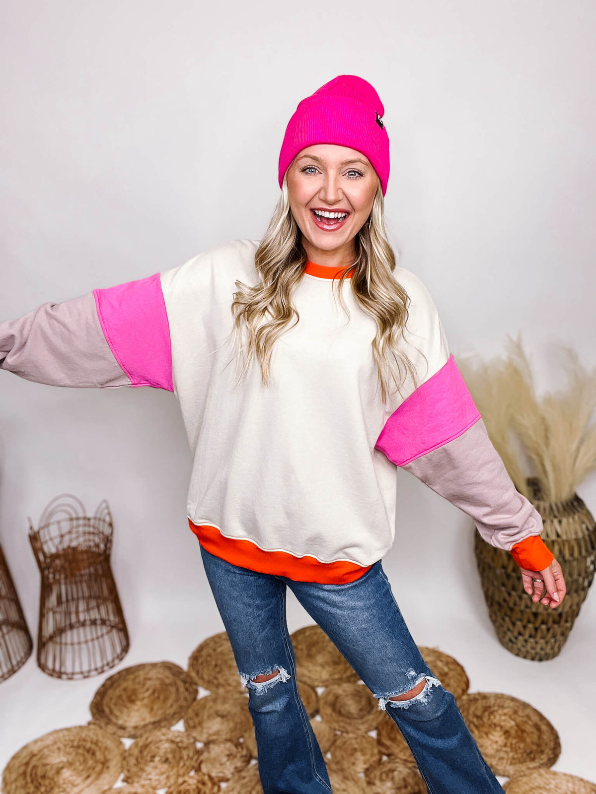 Easel Orange, Pink, Stone, Cream Colorblock Lightweight Long Sleeve Pullover Related Fit 100% Cotton