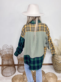 Easel Green Mustard Mixed Plaid Flannel Collared Button Down Raw Frayed Uneven Hem Side Slits Chest Patch Pocket Oversized Fit 100% Cotton