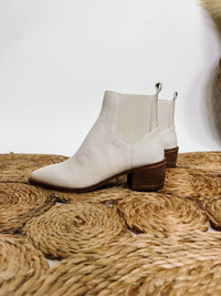 Ecru White Filip Ankle Bootie by Chinese Laundry Leather Upper and Manmade Materials Pointed Toe Stretch Paneling 2" Stacked Block Heel