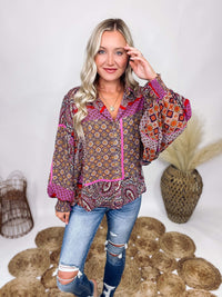 Eesome Boho Mixed Print Oversized Balloon Puff Sleeves Long Sleeve Blouse Elastic Smocked Wrists Collared Button Down Flowy Relaxed Fit 100% Polyester