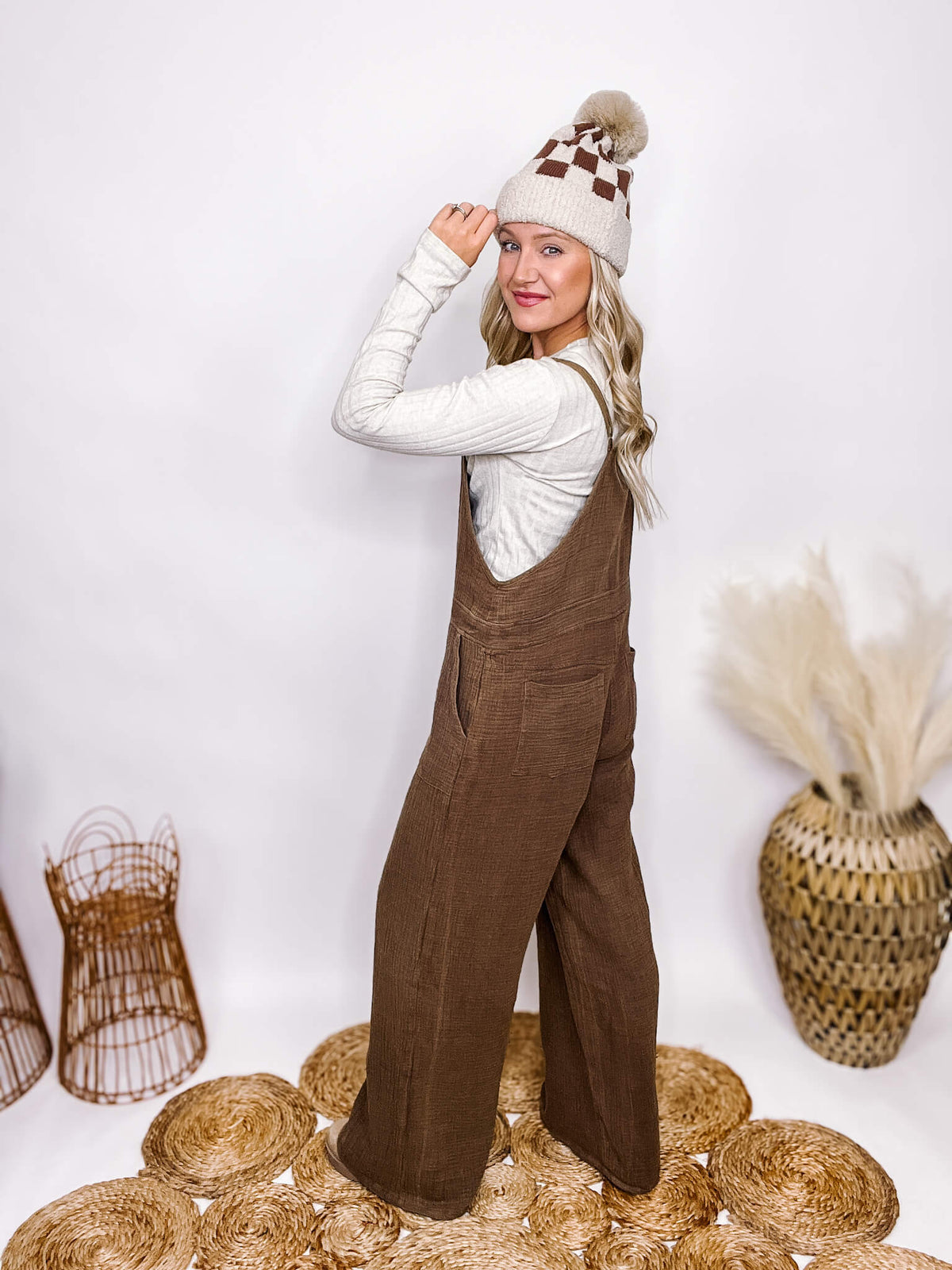 Elleborn Brown Mineral Washed Relaxed Loose Fit Jumpsuit Wide Leg Dropped Armhole Adjustable Spaghetti Straps Oversized Relaxed Loose Fit Inseam: 30" (Can be cut to length) 100% Cotton