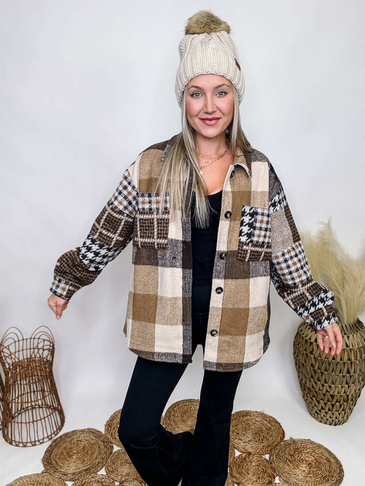 Elleborn Brown Multi Plaid with Houndstooth Details Button Up Jacket Chest Pockets Side Pockets Oversized Fit 100% Polyester