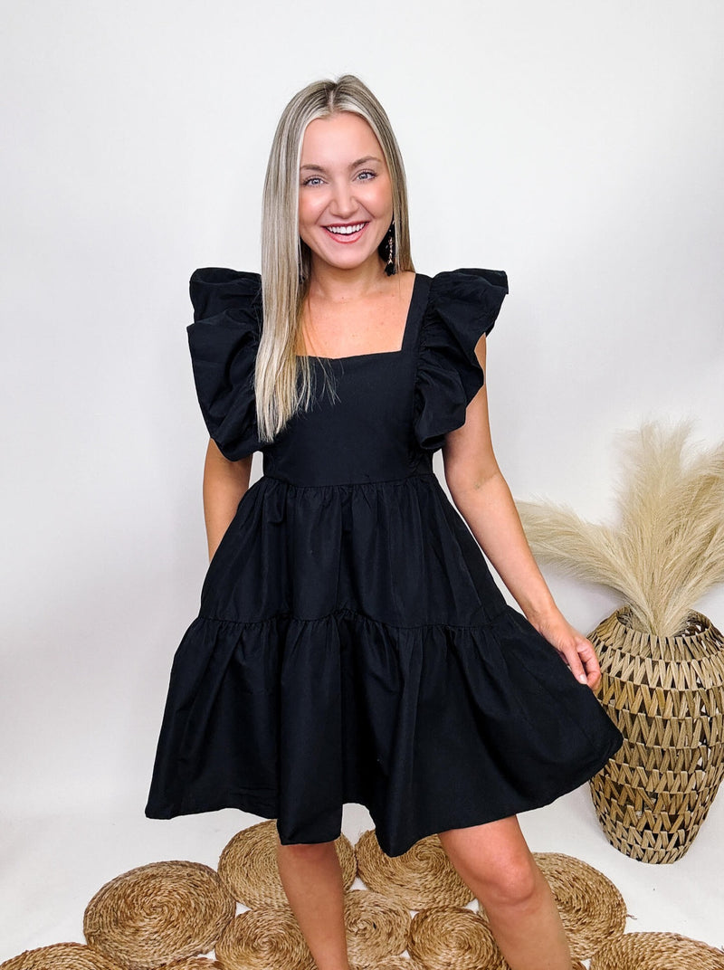Entro Black Ruffle Sleeve Babydoll Dress Square Neckline Side Pockets No Slip Shoulder Grip Smocked Back Pull On Style Lined Flowy Relaxed Fit 80% Polyester, 20% Cotton