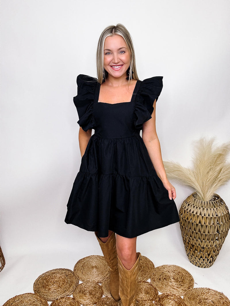 Entro Black Ruffle Sleeve Babydoll Dress Square Neckline Side Pockets No Slip Shoulder Grip Smocked Back Pull On Style Lined Flowy Relaxed Fit 80% Polyester, 20% Cotton