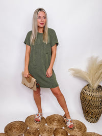 Entro Olive Green Ribbed Short Sleeve Mini Dress Chest Pocket Stretchy Fabric Pull On Style Flowy Relaxed Fit 80% Polyester, 20% Cotton