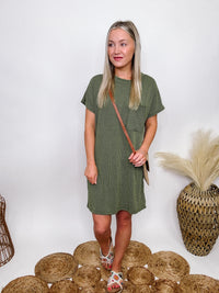 Entro Olive Green Ribbed Short Sleeve Mini Dress Chest Pocket Stretchy Fabric Pull On Style Flowy Relaxed Fit 80% Polyester, 20% Cotton
