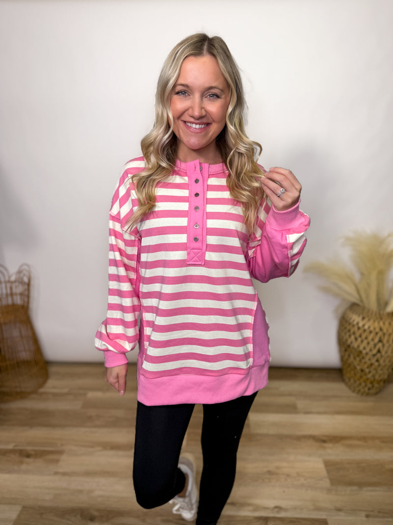 Pink Striped Half Button Down Oversized Pullover