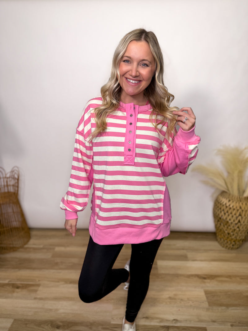 Pink Striped Half Button Down Oversized Pullover