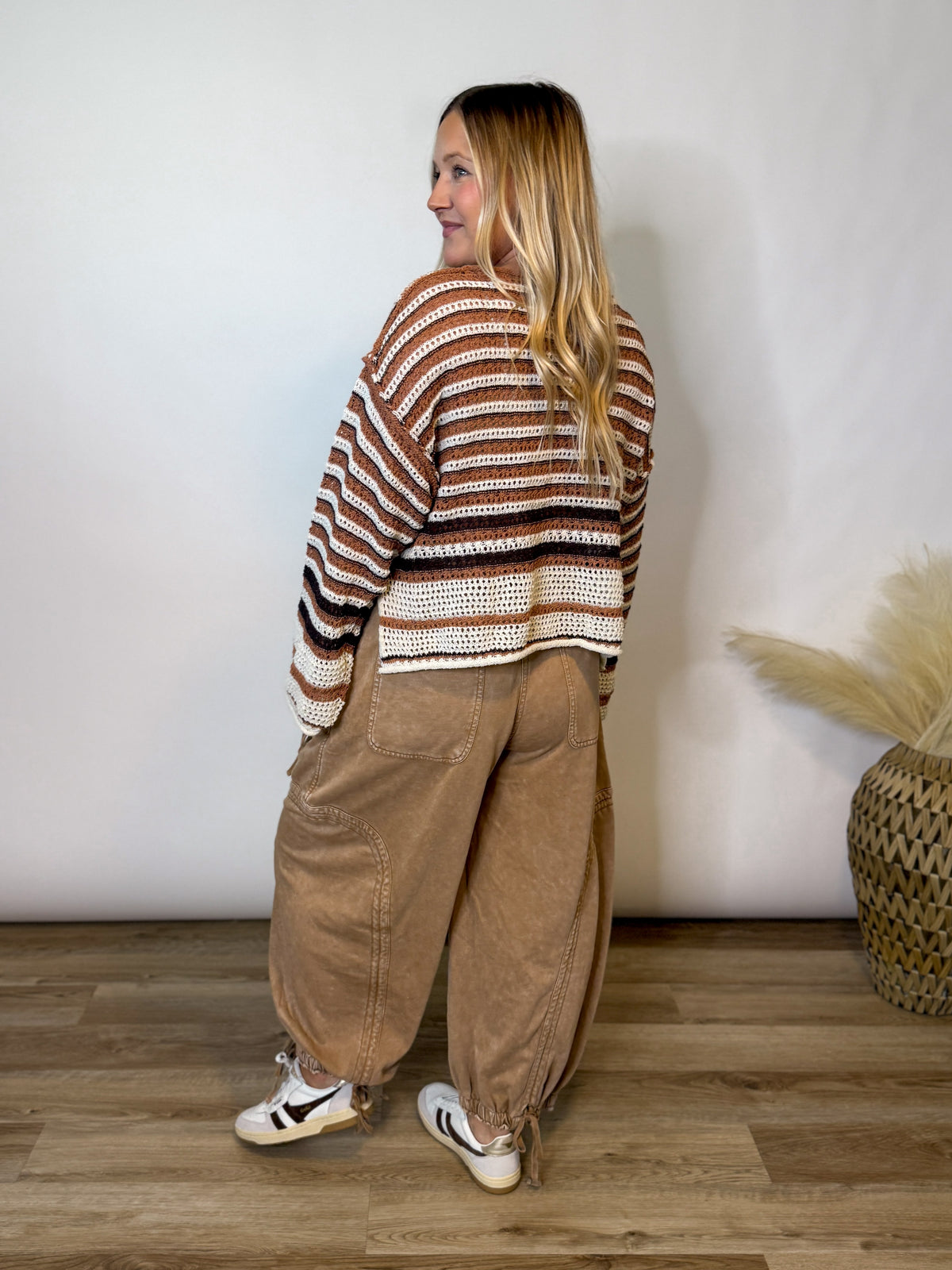 Brown Mocha Striped Crochet Sweater