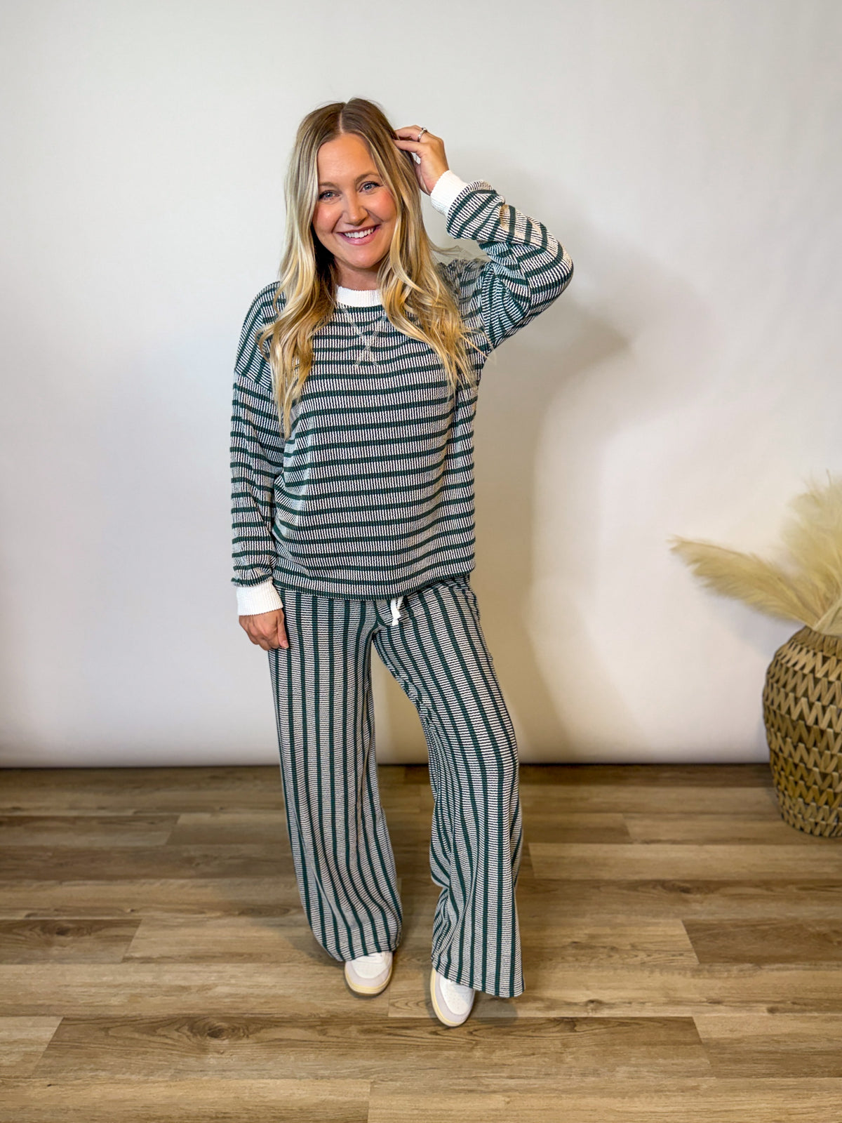 Hunter Green Striped Ribbed Long Sleeve Top and Wide Leg Matching Set