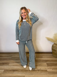Hunter Green Striped Ribbed Long Sleeve Top and Wide Leg Matching Set