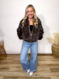 Brown Faux Fur Plush Zippered Jacket