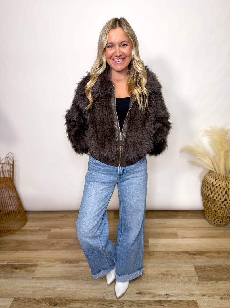 Brown Faux Fur Plush Zippered Jacket