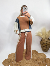 fall matching two piece set crew neck pullover and wide leg pants