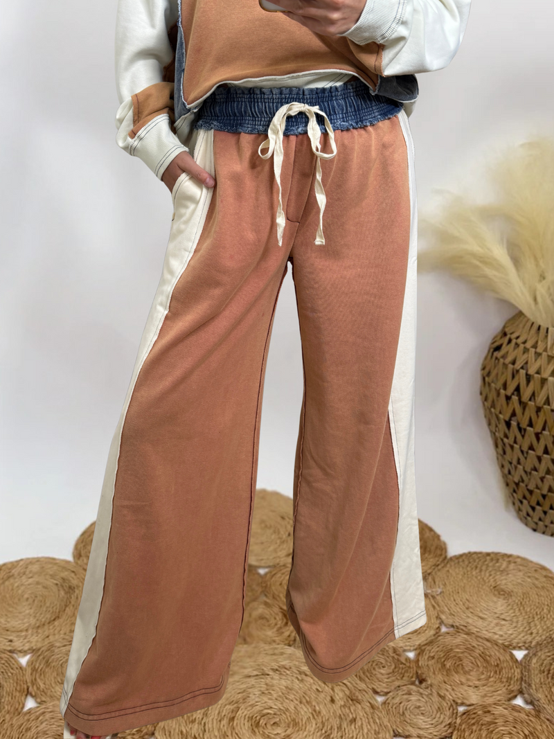 Wide leg pants with a matching top. Matching fall set. Wide leg sweatpants with elastic denim waist and drawstring and side pockets.