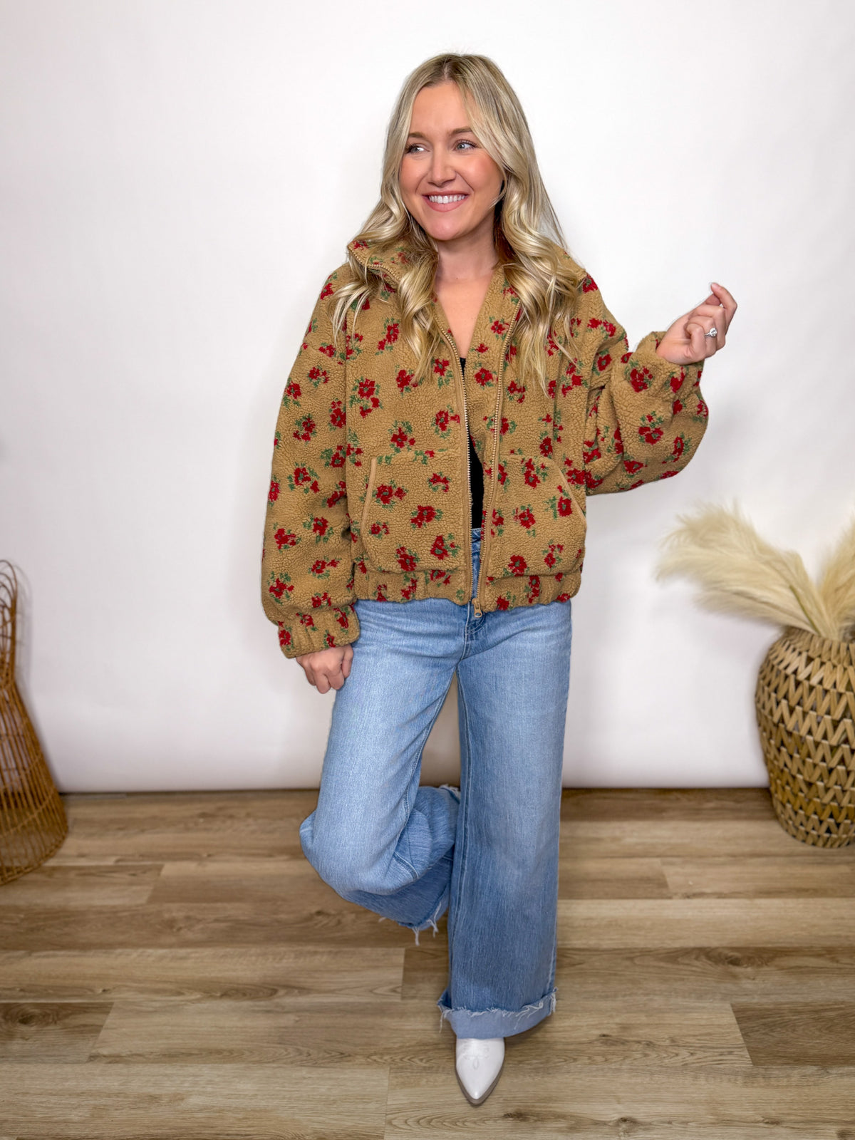 Fall tan and red floral Sherpa teddy jacket
