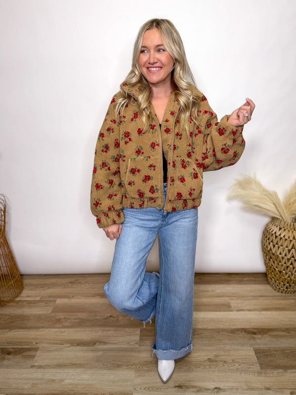Fall tan and red floral Sherpa teddy jacket
