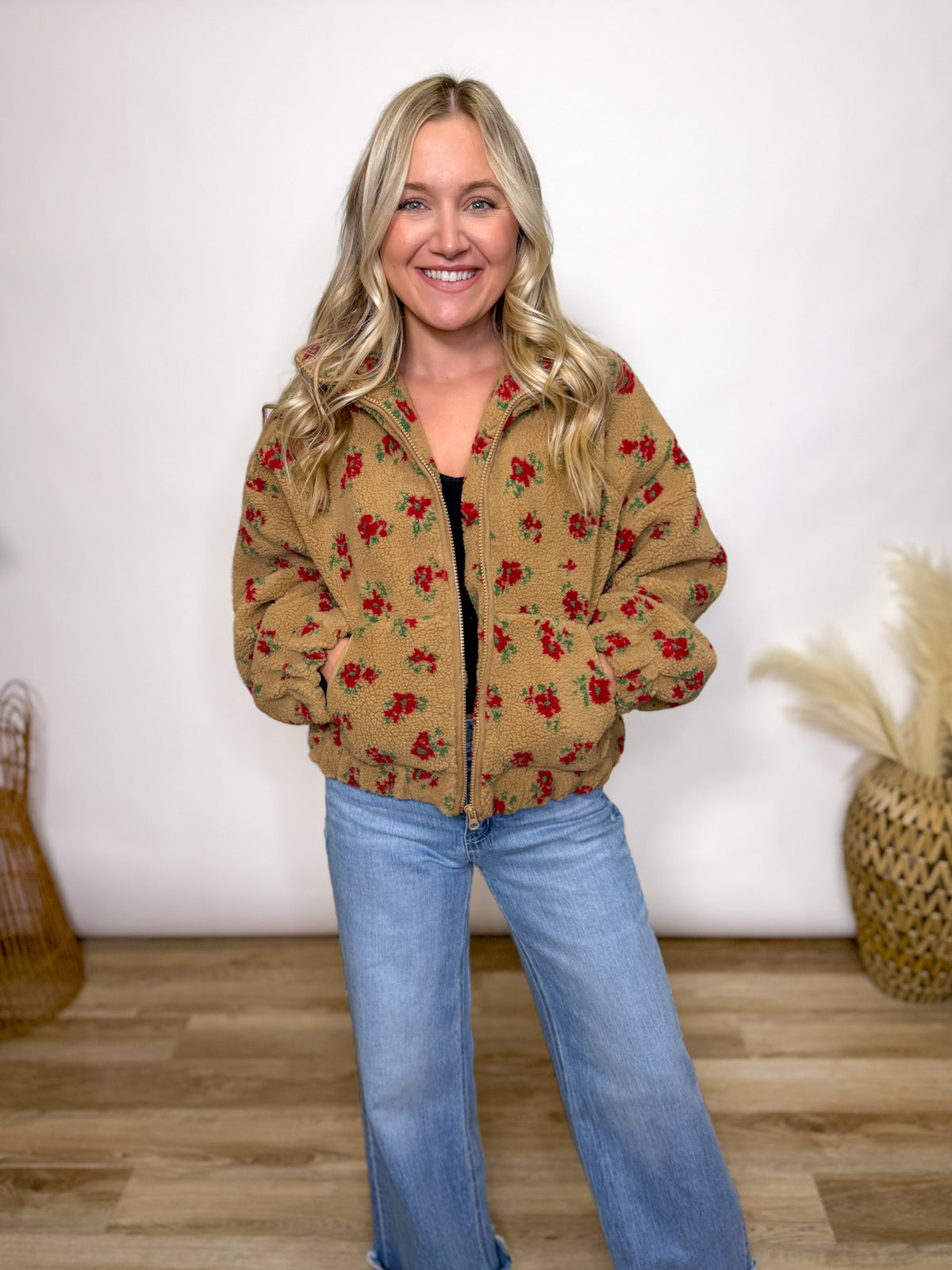 Fall tan and red floral Sherpa teddy jacket