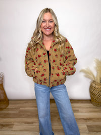 Fall tan and red floral Sherpa teddy jacket