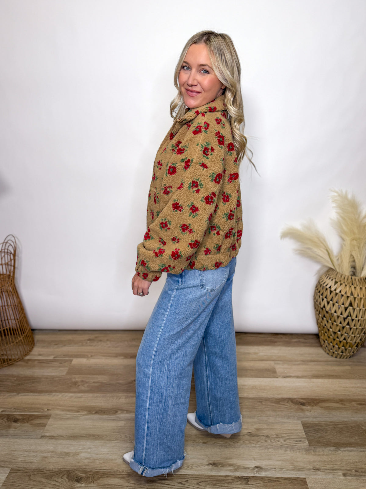 Fall tan and red floral Sherpa teddy jacket