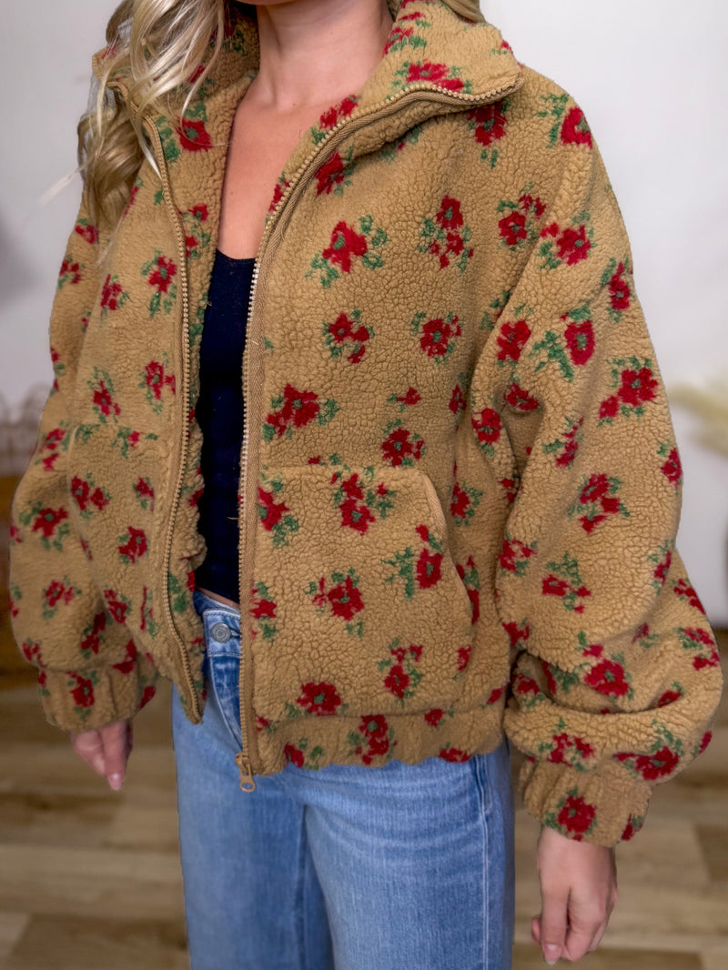 Fall tan and red floral Sherpa teddy jacket