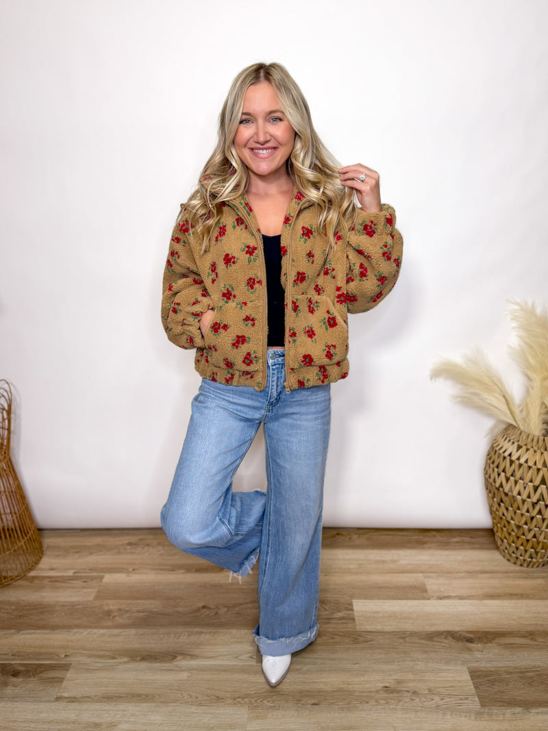 Fall tan and red floral Sherpa teddy jacket