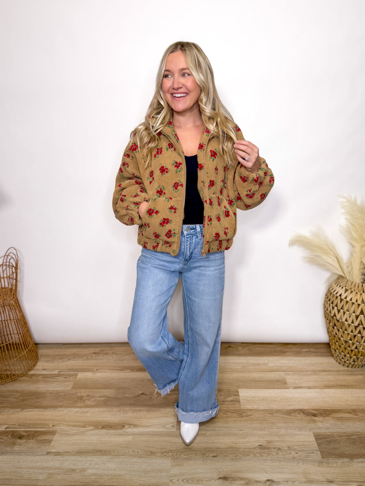 Fall tan and red floral Sherpa teddy jacket