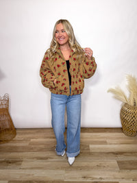 Fall tan and red floral Sherpa teddy jacket