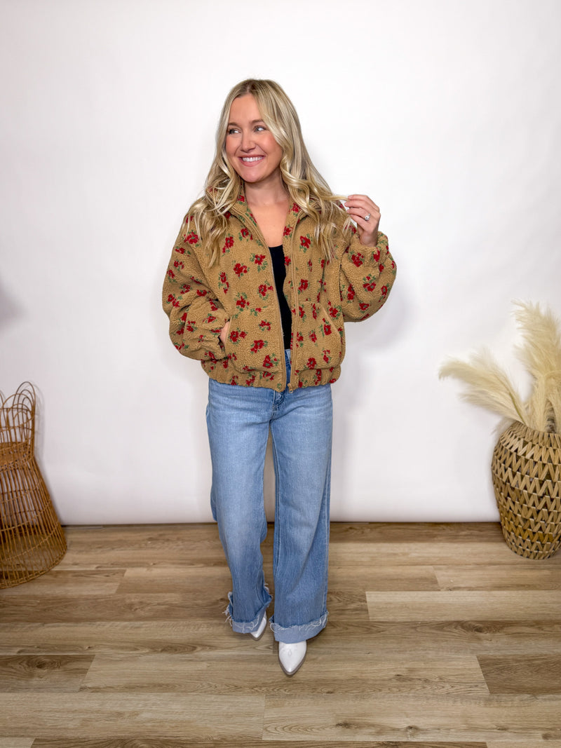 Fall tan and red floral Sherpa teddy jacket