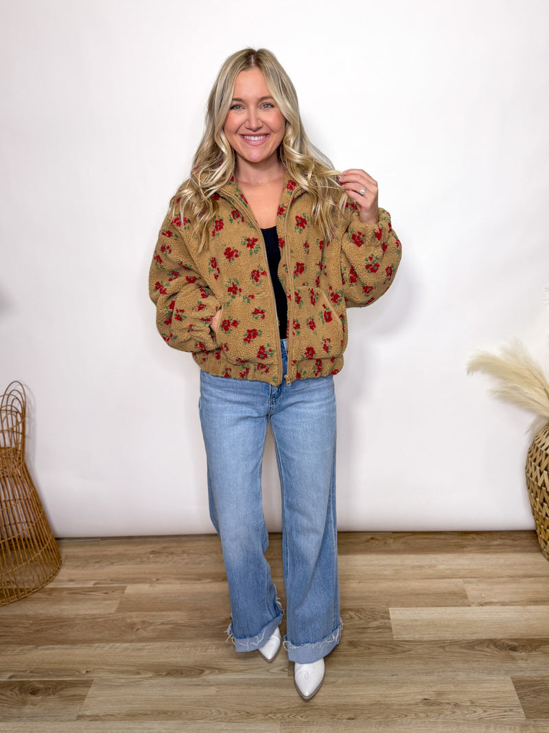 Fall tan and red floral Sherpa teddy jacket