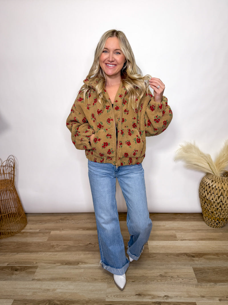 Fall tan and red floral Sherpa teddy jacket