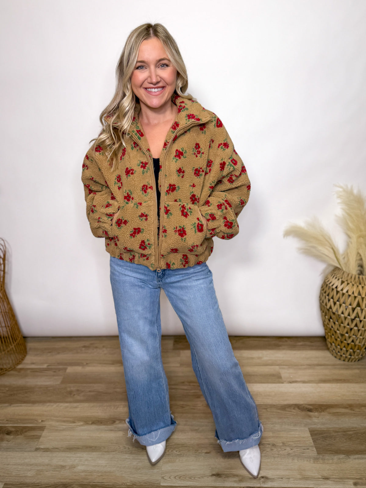 Fall tan and red floral Sherpa teddy jacket