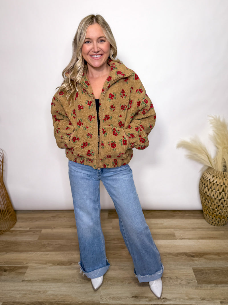 Fall tan and red floral Sherpa teddy jacket