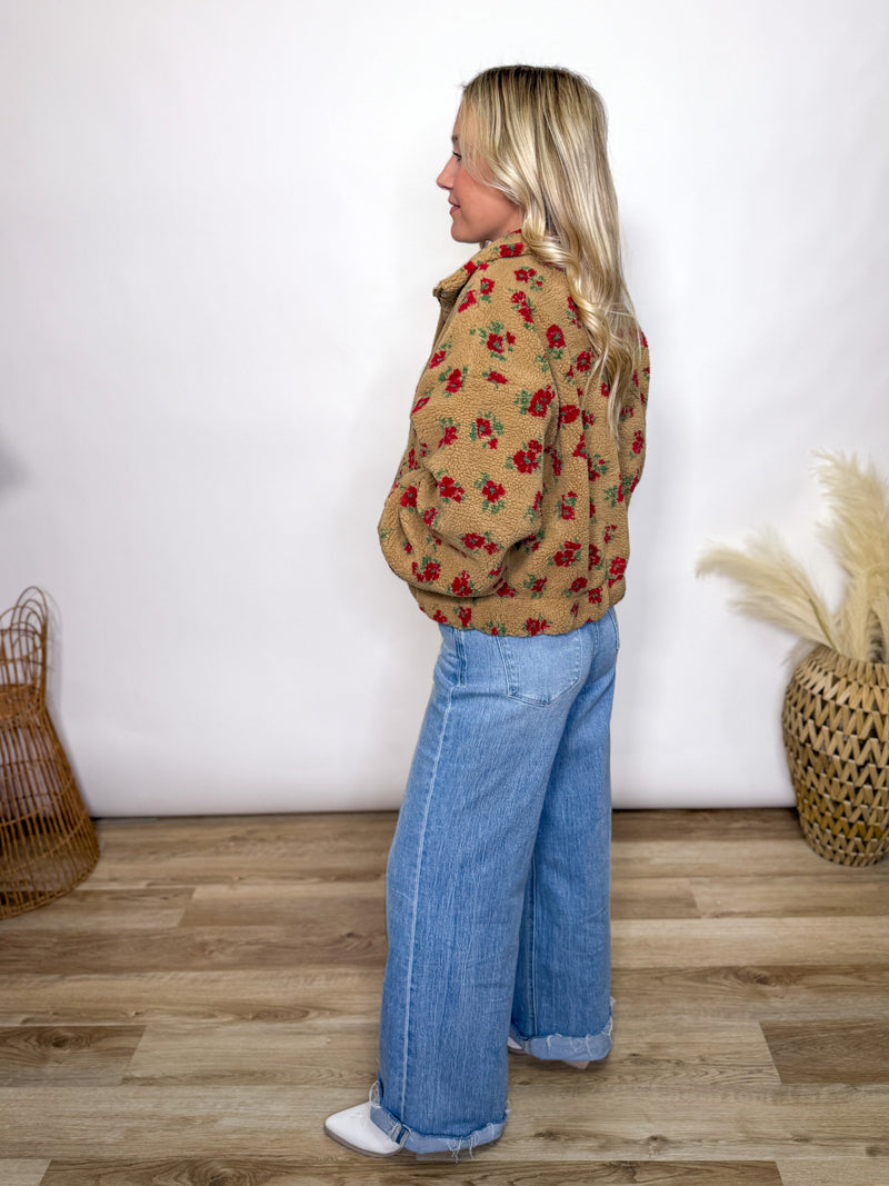 Fall tan and red floral Sherpa teddy jacket