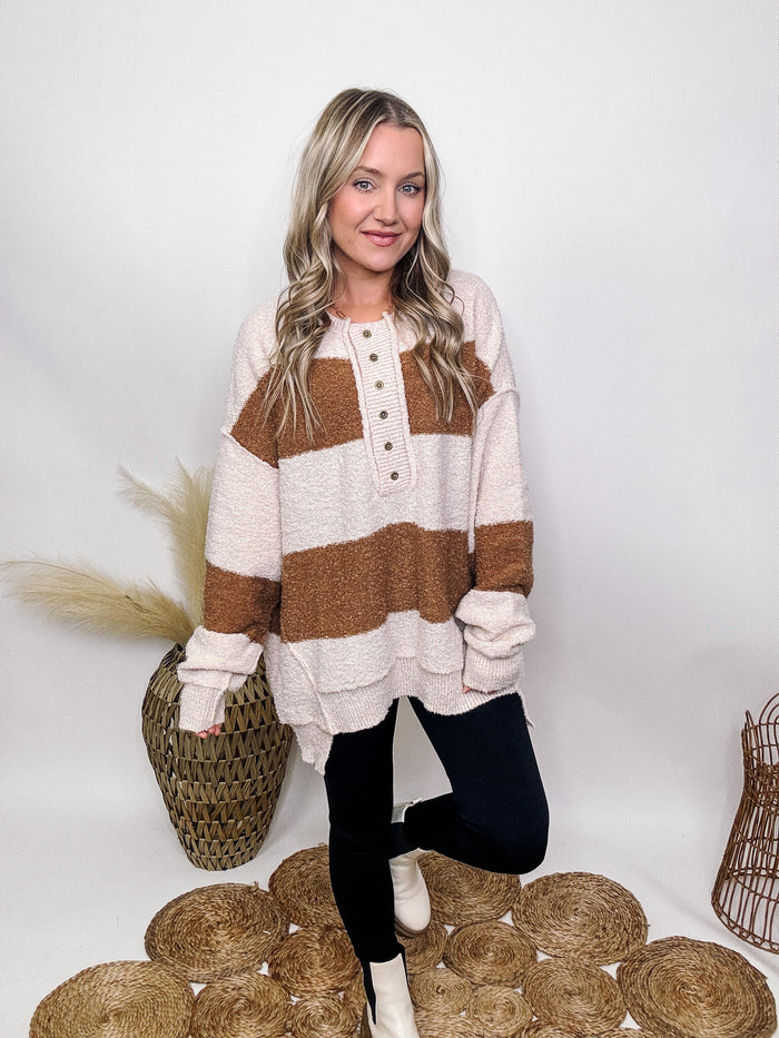 Fantastic Fawn Brown and Cream Striped Button Down Sweater Hi-Low Hem Fuzzy Soft and Stretchy Oversized Fit 100% Polyester