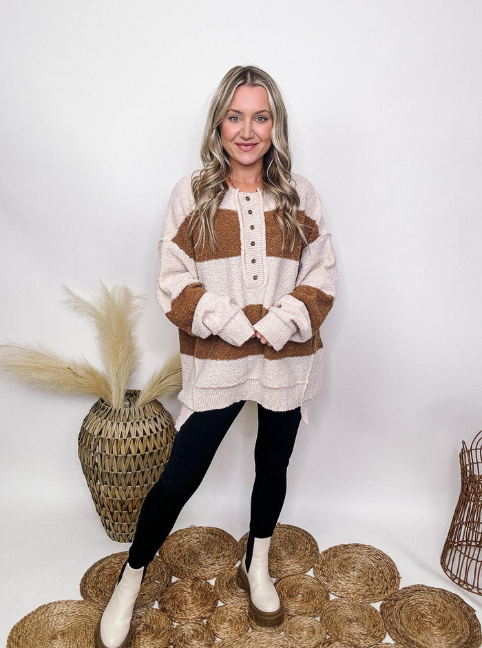 Fantastic Fawn Brown and Cream Striped Button Down Sweater Hi-Low Hem Fuzzy Soft and Stretchy Oversized Fit 100% PolyesterFantastic Fawn Brown and Cream Striped Button Down Sweater Hi-Low Hem Fuzzy Soft and Stretchy Oversized Fit 100% Polyester