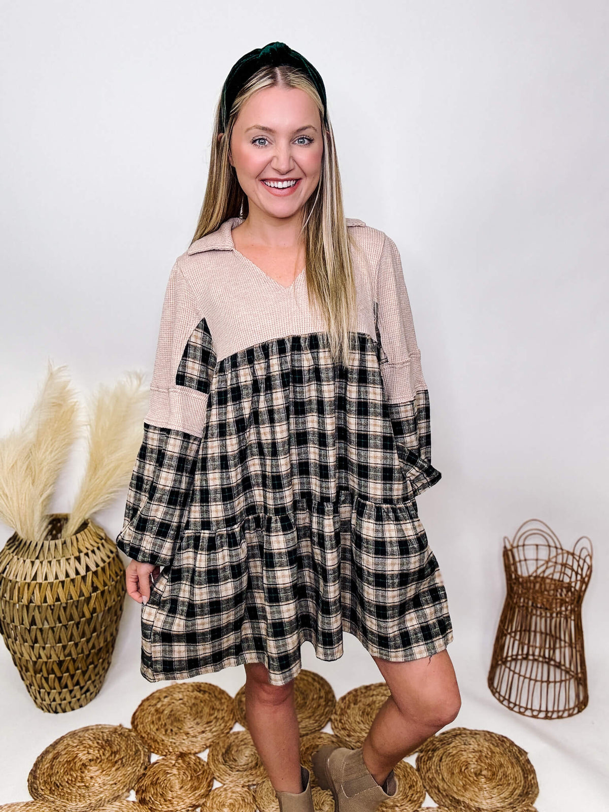 Fantastic Fawn Black, Tan, Cream, Hunter Green Plaid Waffle Thermal Contrast Details Tiered Babydoll Dress Side Pockets Flowy Relaxed Fit Self: 50% Rayon 40% Nylon 10% Polyester Cont: 100% Cotton