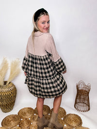 Fantastic Fawn Black, Tan, Cream, Hunter Green Plaid Waffle Thermal Contrast Details Tiered Babydoll Dress Side Pockets Flowy Relaxed Fit Self: 50% Rayon 40% Nylon 10% Polyester Cont: 100% Cotton