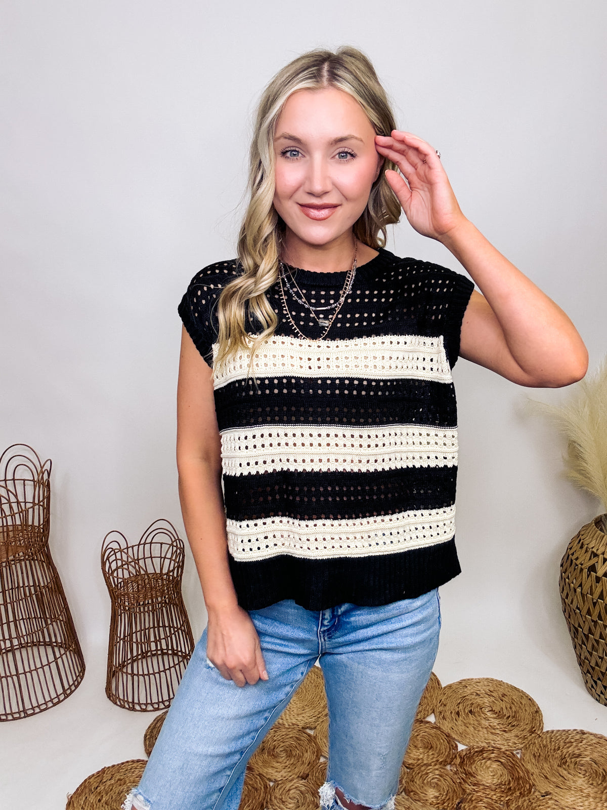 First Love Black and Ivory Open Knit Short Sleeve Sweater Vest