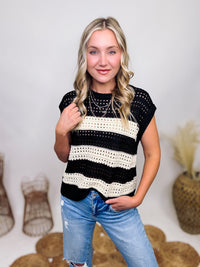 First Love Black and Ivory Open Knit Short Sleeve Sweater Vest